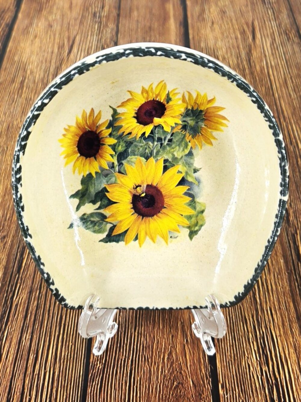 1999 Home & Garden Stoneware Spongeware Sunflower Large Spoon Rest USA Farmhouse